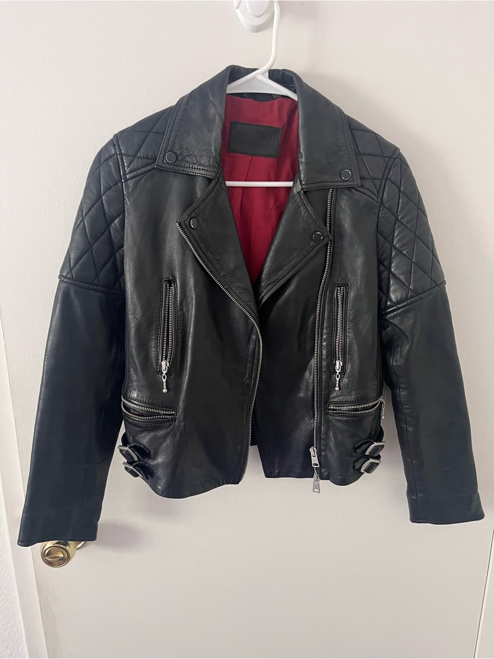 All Saints Armstead Biker Leather Jacket Black Quilted Size 4